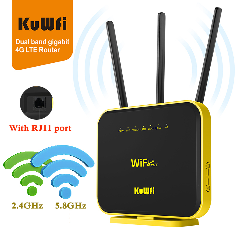 KuWFi Gigabit Wireless Router 4G LTE Wifi Router 1200Mbps LTE Router Dual Band Gigabit cellular Router with External Antenna 64 User