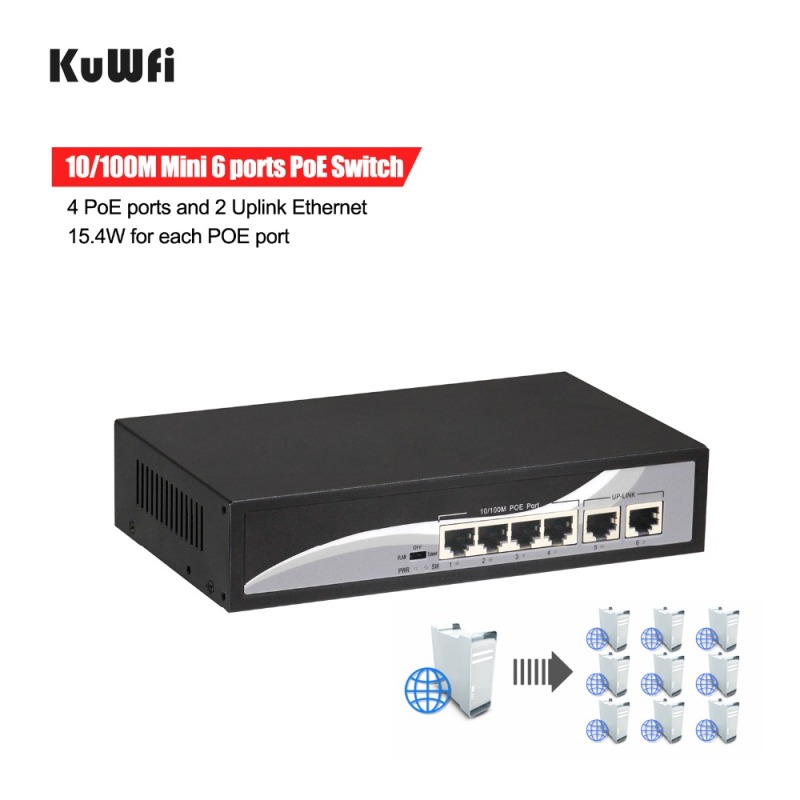 KuWFi firmware  Ethernet Network Switch with PoE 6-Port 10/100 Switch with 4 PoE Ports and 2 Uplink Ethernet Desktop Switch hub Network Full/Half Dupl