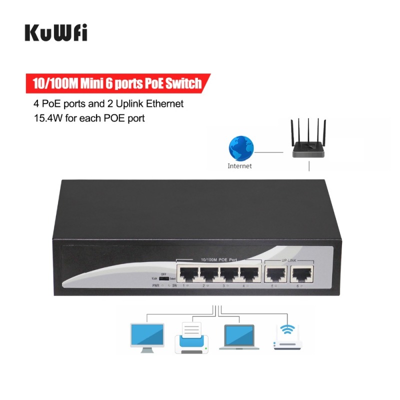 KuWFi firmware  Ethernet Network Switch with PoE 6-Port 10/100 Switch with 4 PoE Ports and 2 Uplink Ethernet Desktop Switch hub Network Full/Half Dupl