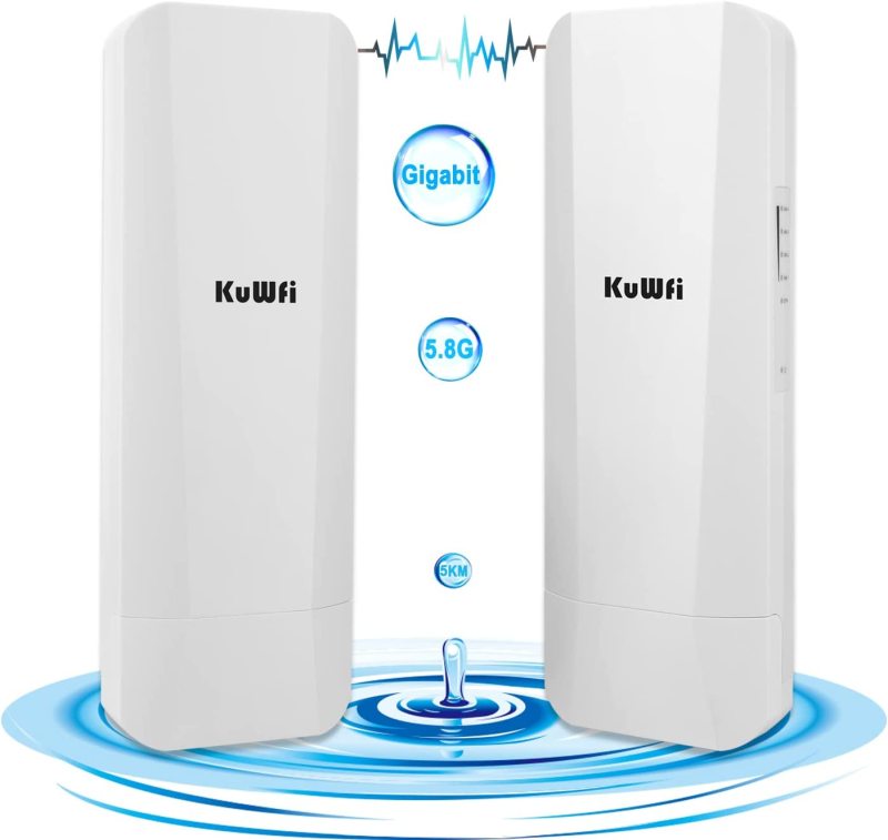 Gigabit Wireless Bridge, KuWFi 900Mbps 5.8G Outdoor WiFi Bridge Point to Point 5KM Transmitter with14dBi High Gain Antenna and Gigabit RJ45 Port IP65 