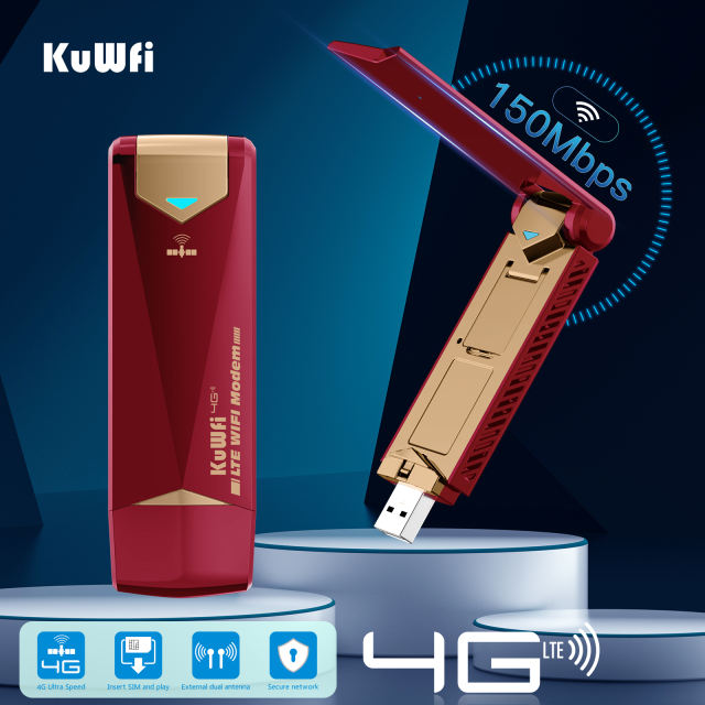 KuWFi 4G USB WiFi Modem 150Mbps USB Dongle Mobile Broadband Sim Card Wireless Adapter Hotspot Mini Router With External Antenna