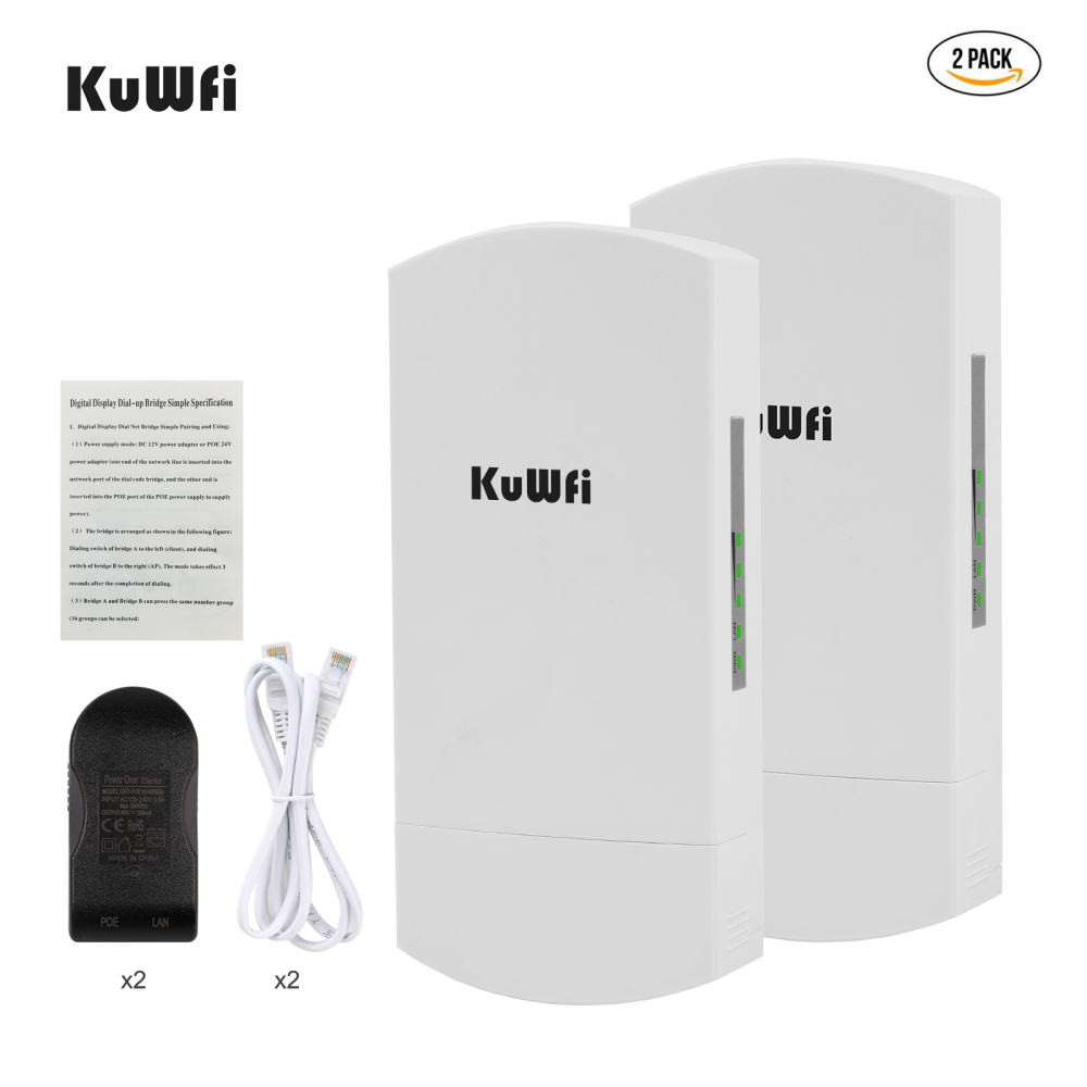 KuWFi 5.8G 300Mbps Wireless Outdoor Bridge CPE PTP 3KM Long Range with3*10/100Mbps RJ45 LAN Port 12dBi High Gain Antenna 48V PoE