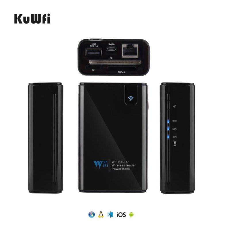 KuWFi Wireless Data share SD/TF/CF Card Reader 300Mbps Wireless Router&amp;Repeater Power Bank 6000MAH RJ45 for IOS Android