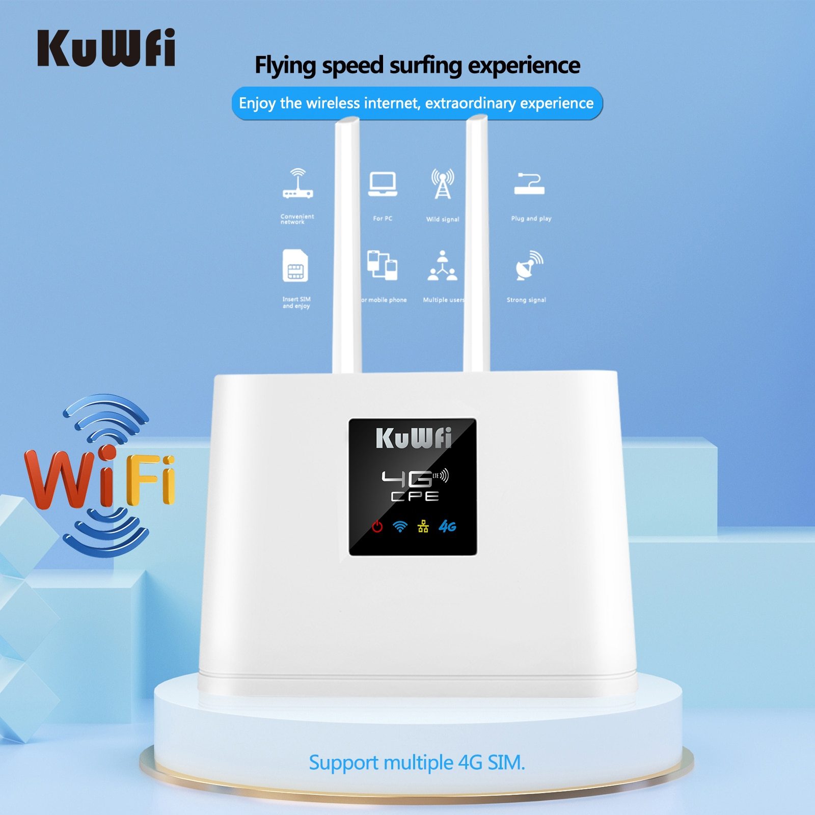 KuWFi Router 4G LTE 150Mbps 4G SIM WIFI Router Modem Unlocked with 2pcs External Antennas WAN/LAN Port SIM Card Slot VAT Include