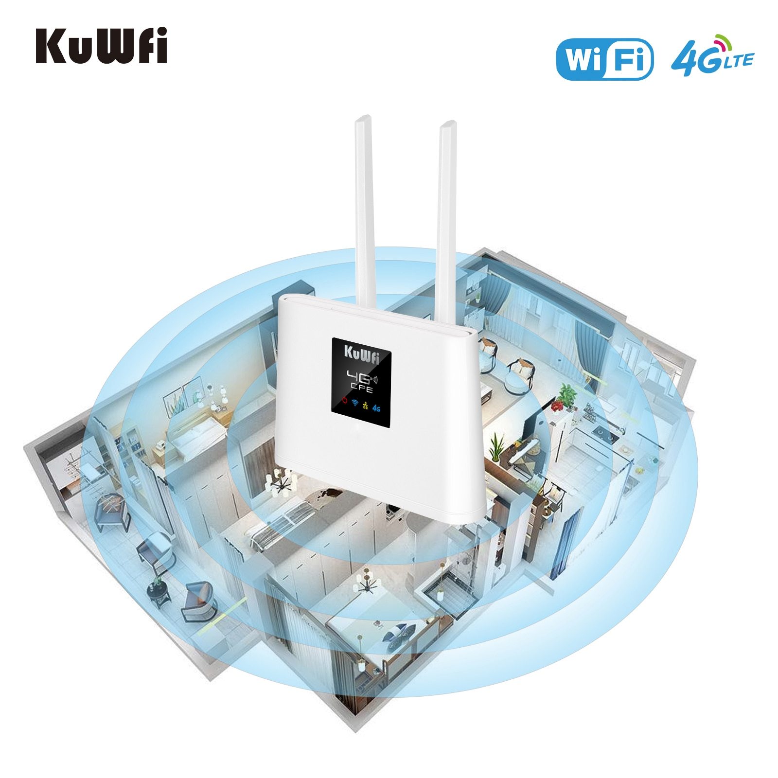 KuWFi Router 4G LTE 150Mbps 4G SIM WIFI Router Modem Unlocked with 2pcs External Antennas WAN/LAN Port SIM Card Slot VAT Include