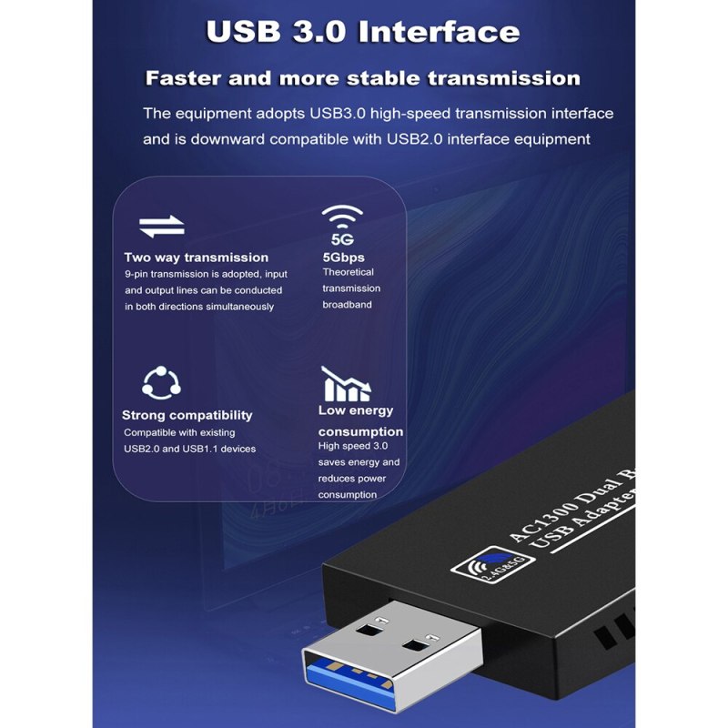 KuWFi 1300Mbps USB WiFi Adapter USB3.0 Network Card Dual Band 2.4G&5G Free Driver 802.11AC Wireless Wifi Receiver for Laptop PC