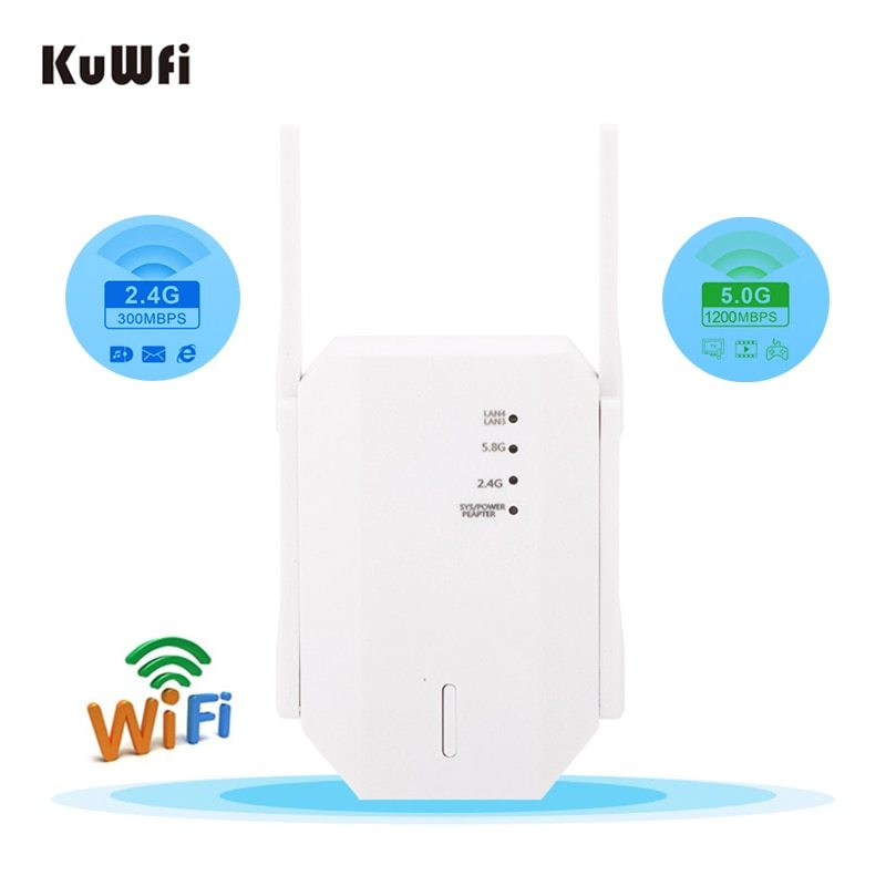 KuWFi 1200Mbps Wireless Repeater Dual Band Wifi Signal Booster Wifi Range Extender Router Network Amplifier 2 LAN Port 4 Antenna