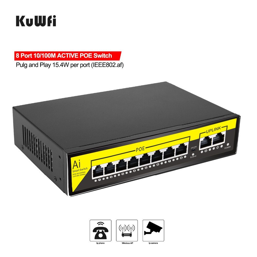 KuWFi POE Switch 48V 8Ports 100Mbps Ports IEEE 802.3 af/at Ethernet Switch Suitable for IP Camera/Wireless AP Router