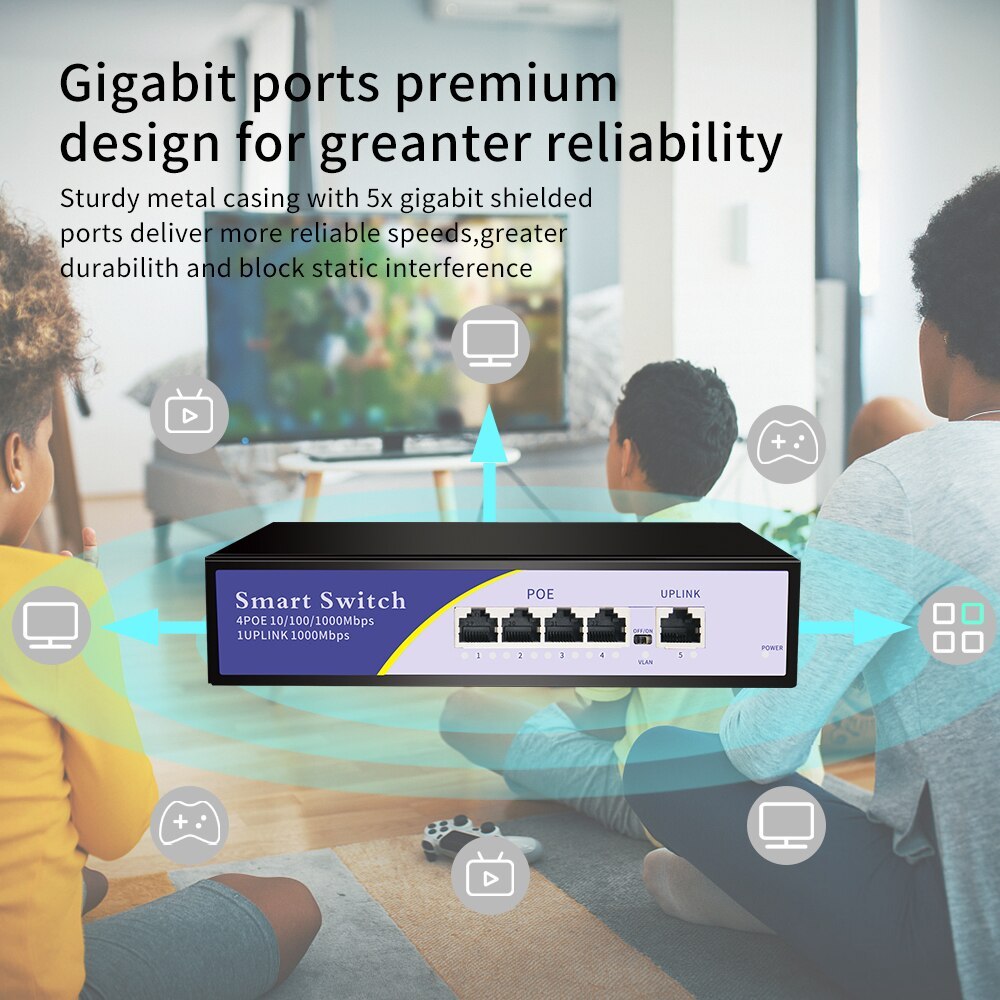 KuWFi Full Gigabit POE Switch 4 Ports Standard RJ45 10/100/1000Mbps Etherent Switch Support 802.3af/at For IP Camera