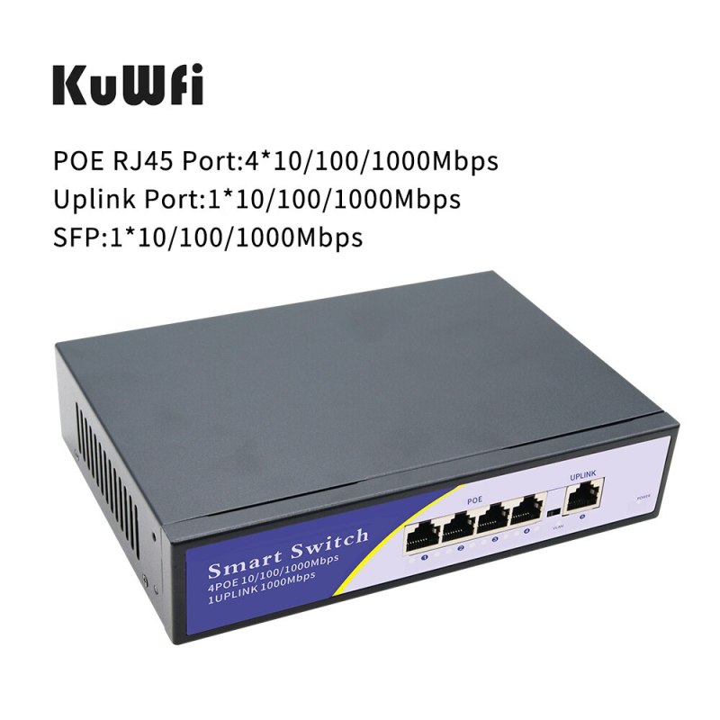 KuWFi Full Gigabit POE Switch 4 Ports Standard RJ45 10/100/1000Mbps Etherent Switch Support 802.3af/at For IP Camera