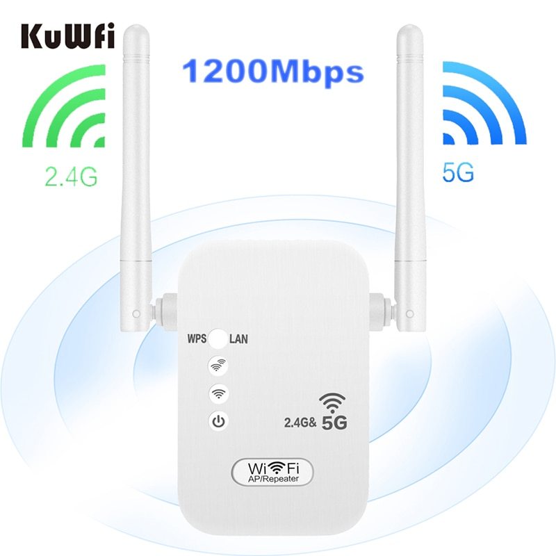 KuWFi 2.4G&5G WiFi Repeater 1200Mbps Wifi Range Extender Wireless Signal Booster Amplifier with 2dBi Omnidirectional Antenna LAN