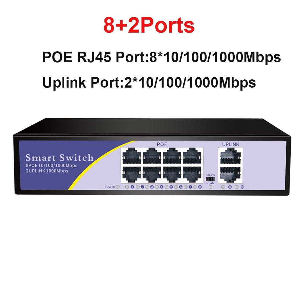 10 Ports POE Gigabit Switch 48V VLAN 10/100/1000Mbps 8 POE 1000M Port+2Uplink Port Network Switch for CCTV IP Camera Wireless AP