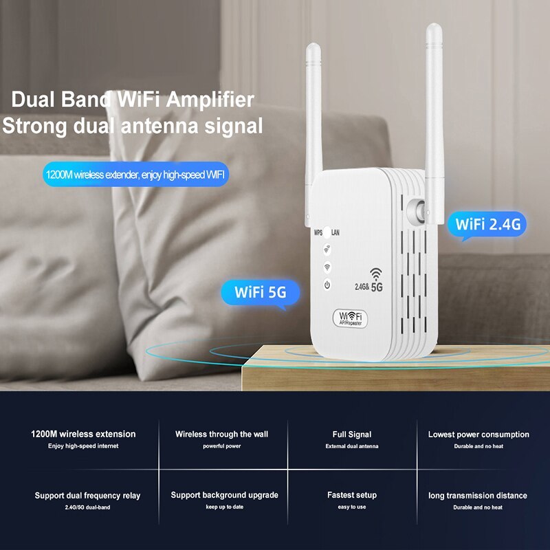 KuWFi 2.4G&5G WiFi Repeater 1200Mbps Wifi Range Extender Wireless Signal Booster Amplifier with 2dBi Omnidirectional Antenna LAN
