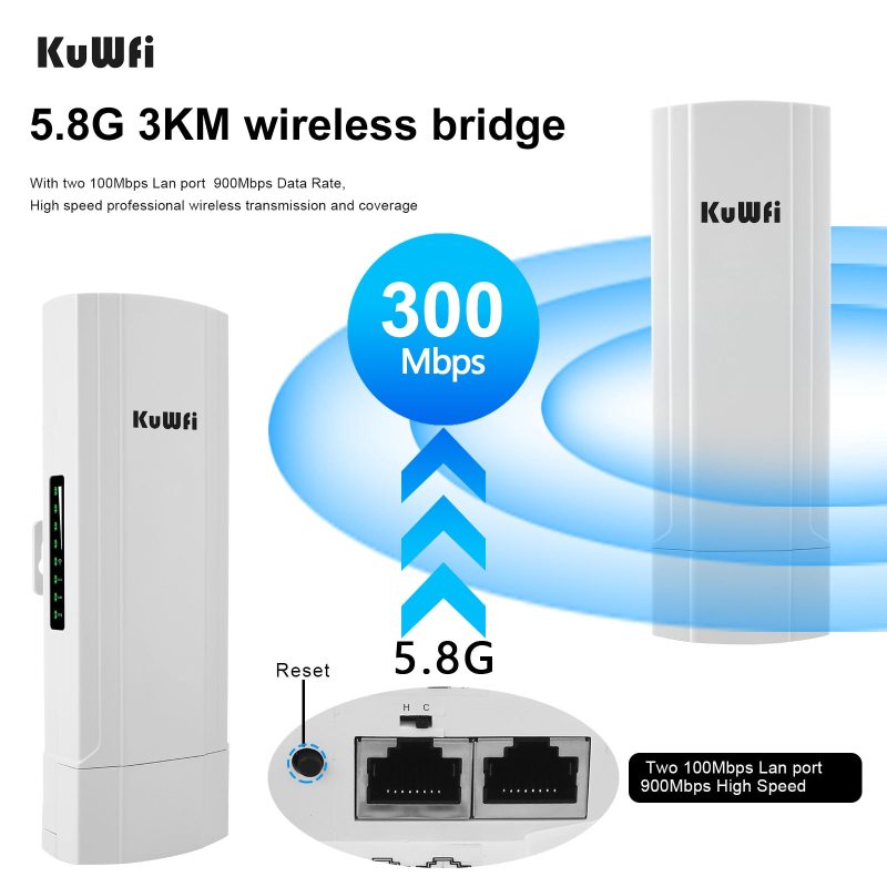 KuWFi 5.8G WiFi Bridge 300Mbps 3KM PTP Access Wireless Outdoor CPE WiFi Extender 14dBi Antenna 2*100M LAN RJ45 Port 24V PoE