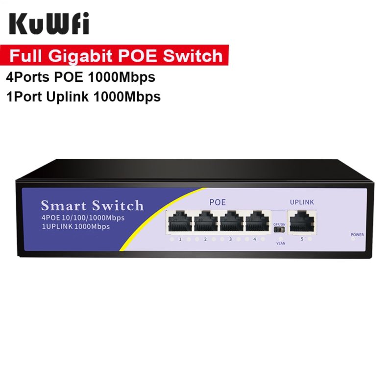 KuWFi Full Gigabit POE Switch 4 Ports Standard RJ45 10/100/1000Mbps Etherent Switch Support 802.3af/at For IP Camera
