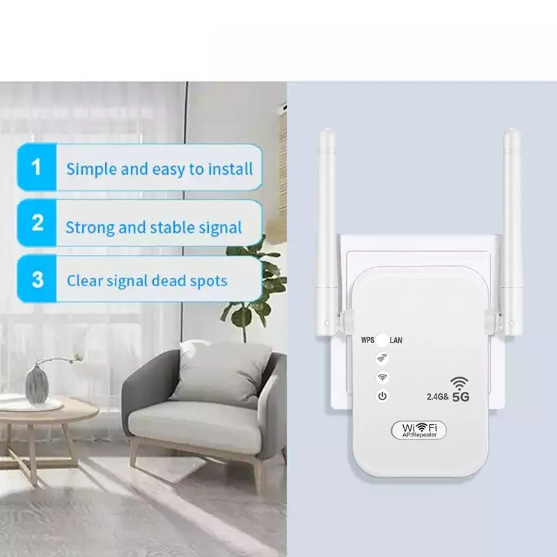 KuWFi 2.4G&amp;5G WiFi Repeater 1200Mbps Wifi Range Extender Wireless Signal Booster Amplifier with 2dBi Omnidirectional Antenna LAN