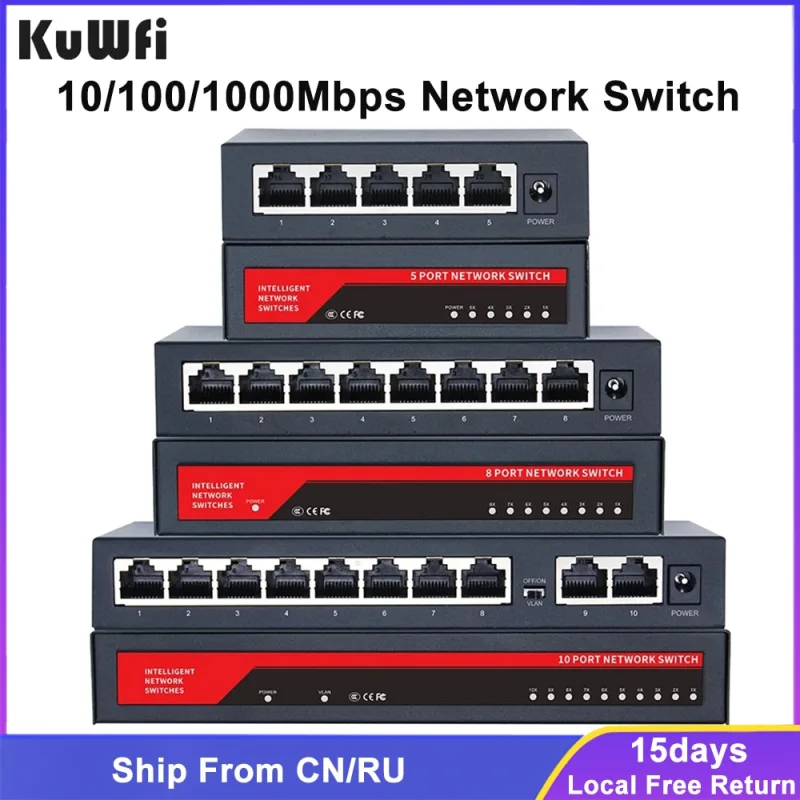 KuWFi Gigabit Network Switch 100/1000Mbps Switch 5/8/10 Port RJ45 LAN Hub Desktop Fast Ethernet Switch for Office Dormitory Home