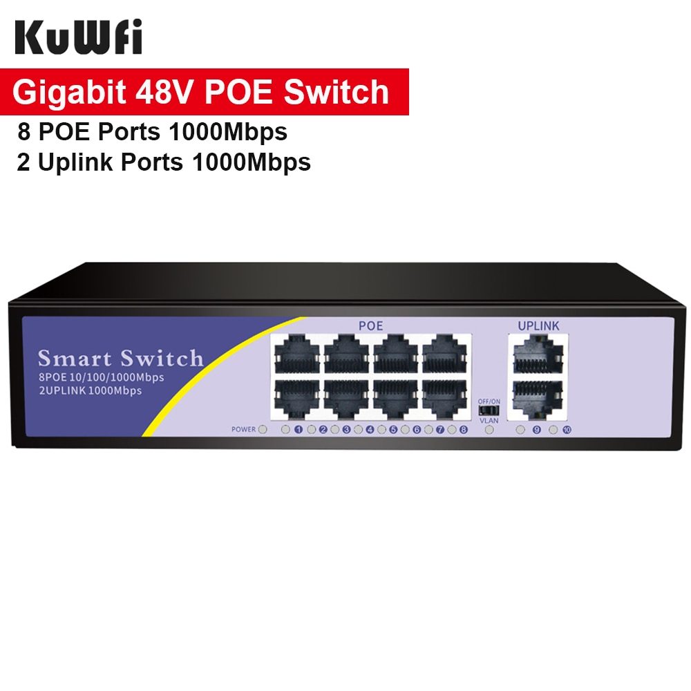 10 Ports POE Gigabit Switch 48V VLAN 10/100/1000Mbps 8 POE 1000M Port+2Uplink Port Network Switch for CCTV IP Camera Wireless AP