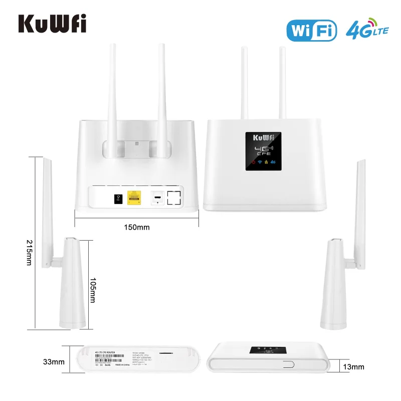 KuWFi Router 4G LTE 150Mbps 4G SIM WIFI Router Modem Unlocked with 2pcs External Antennas WAN/LAN Port SIM Card Slot VAT Include