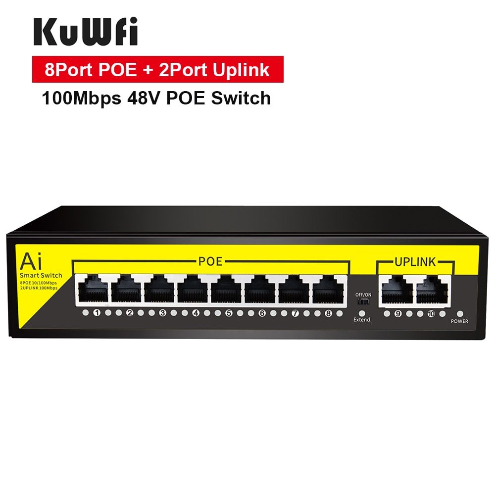 KuWFi POE Switch 48V 8Ports 100Mbps Ports IEEE 802.3 af/at Ethernet Switch Suitable for IP Camera/Wireless AP Router