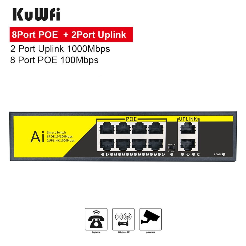 KuWFi 100/1000Mbps POE Switch IEEE 802.3 af/at 8port Network Switch Ethernet  Standardized RJ45 Port for POE Cameras