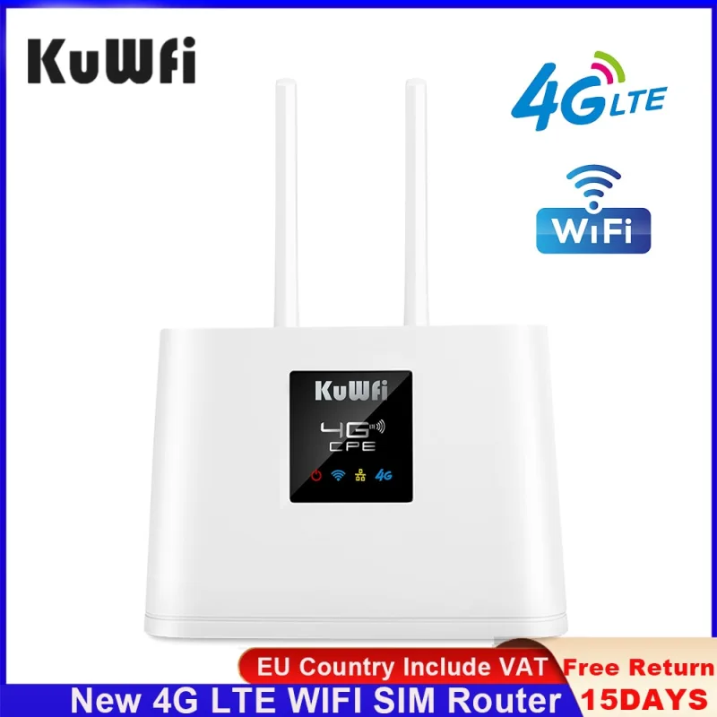 KuWFi Router 4G LTE 150Mbps 4G SIM WIFI Router Modem Unlocked with 2pcs External Antennas WAN/LAN Port SIM Card Slot VAT Include