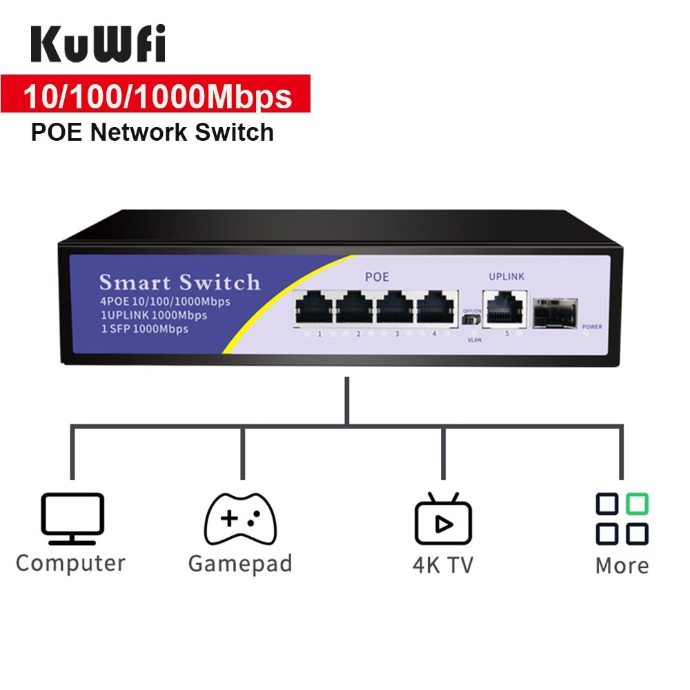 KuWFi 48V Network POE Switch Gigabit 1000Mbps 6Ports Ethernet IEEE 802.3af/at Switch Suitable for IP camera/Wireless AP/CCTV