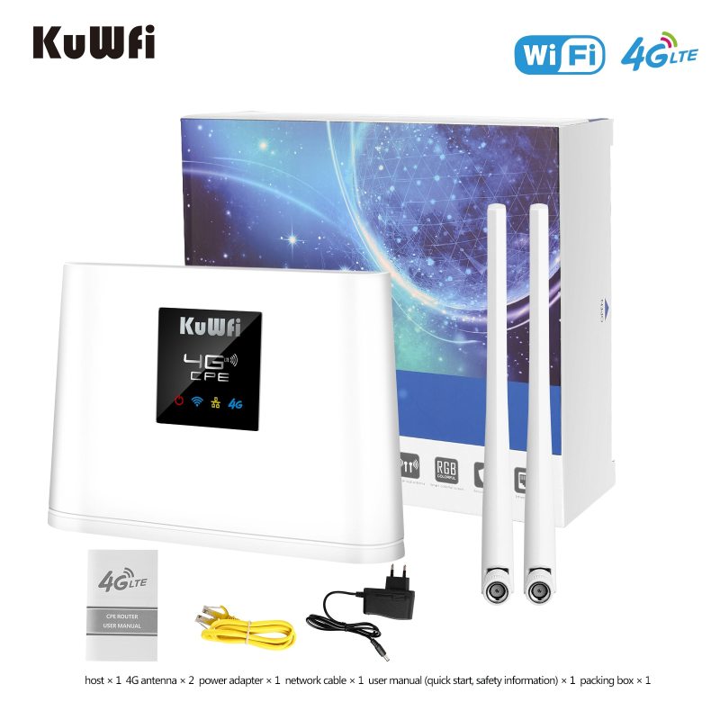 KuWFi Router 4G LTE 150Mbps 4G SIM WIFI Router Modem Unlocked with 2pcs External Antennas WAN/LAN Port SIM Card Slot VAT Include