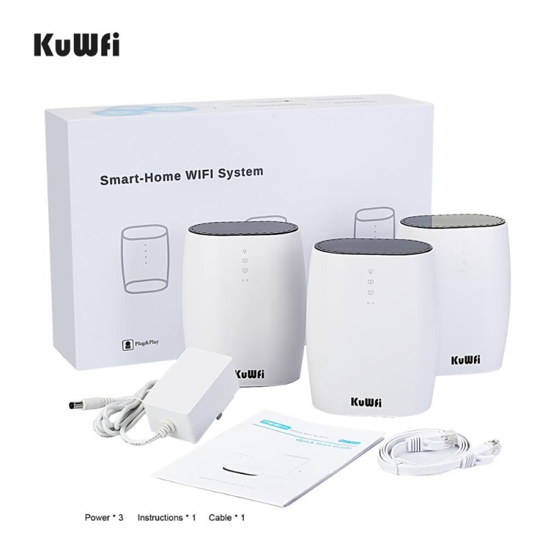 KuWFi 3pcs Mesh Router Whole Home Mesh WiFi AC1200 2.4G/5.8GHz Wireless Wifi Router APP Remote Manage 150+ Devices