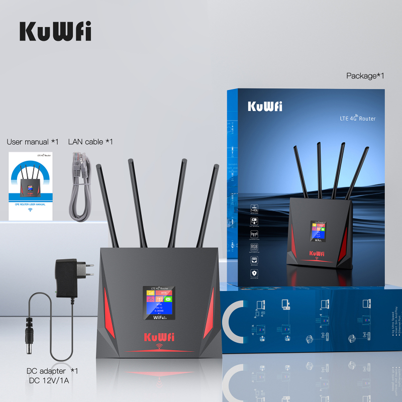 KuWFi 4G LTE Router 150Mbps Wireless Router 3G 4G SIM Wifi Router with RJ45 WAN LAN Port 4x High Gain External Antennas