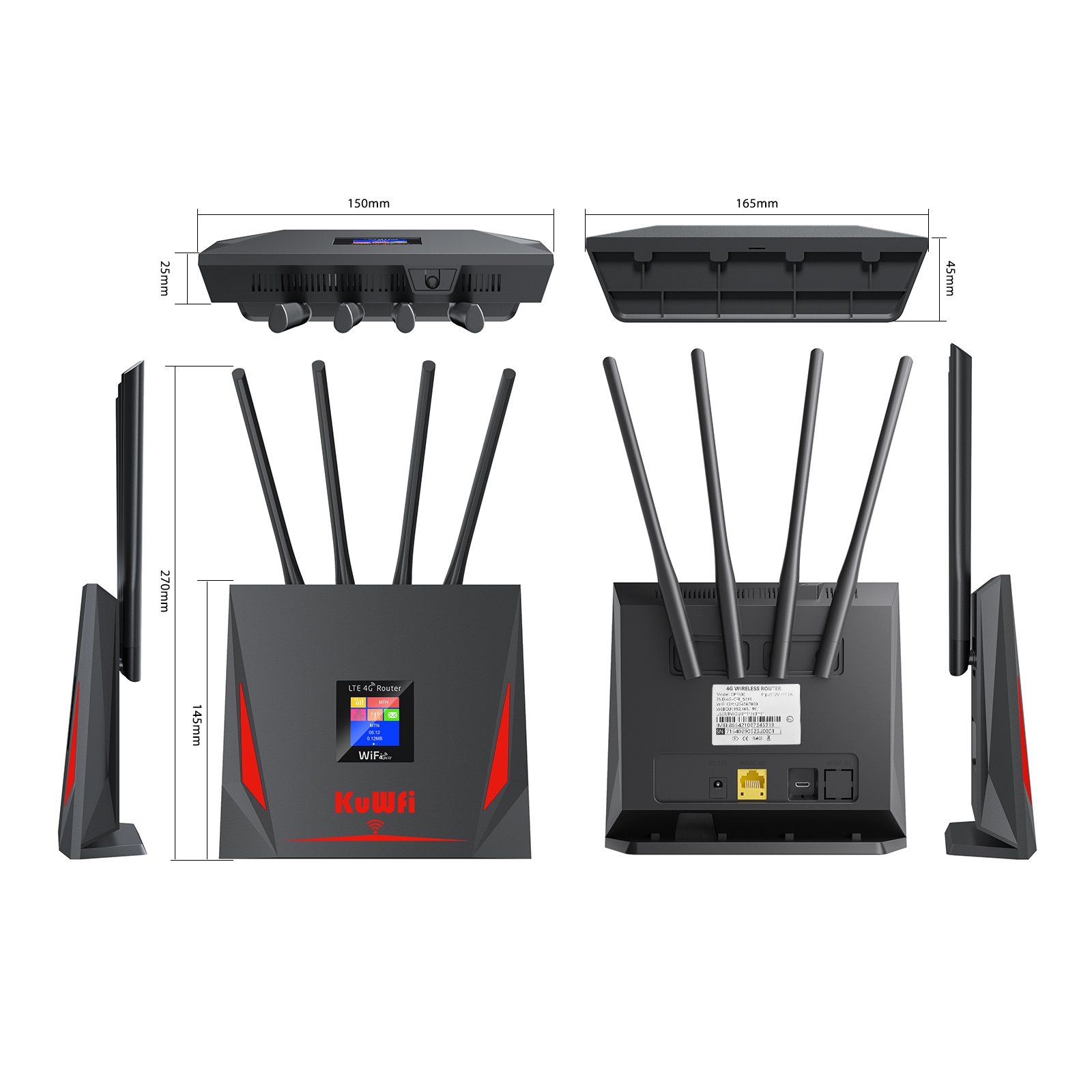 KuWFi 4G LTE Router 150Mbps Wireless Router 3G 4G SIM Wifi Router with RJ45 WAN LAN Port 4x High Gain External Antennas