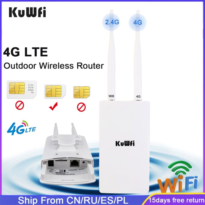 KuWFi Waterproof Outdoor 4G Router 150Mbps CAT4 LTE Routers 3G/4G SIM Card WiFi Router Modem for IP Camera/Outside WiFi Coverage