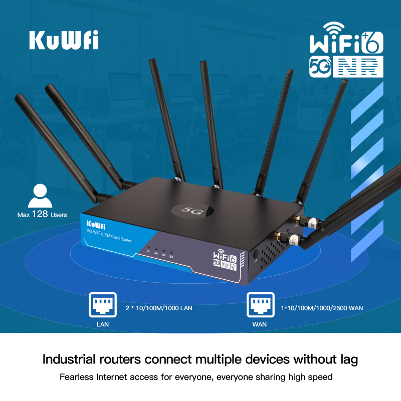 KuWFi 5G CPE WiFi Router 3000Mbps dual band 2.4G 5.8G NSA SA Cellular Unlocked 5G Router with SIM Card Dual Band Wi-Fi 6 Router Gigabit LAN Port