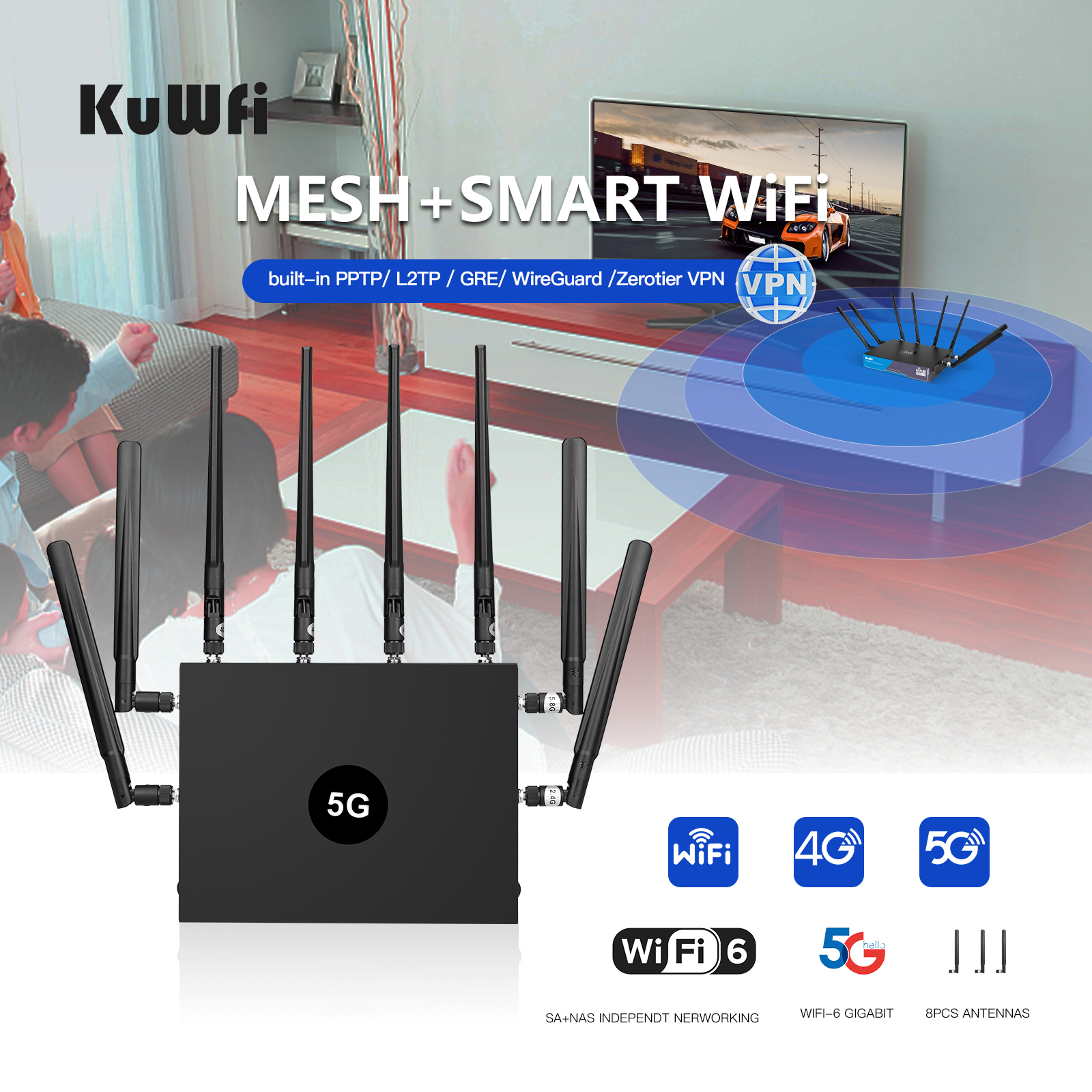 KuWFi 5G CPE WiFi Router 3000Mbps dual band 2.4G 5.8G NSA SA Cellular Unlocked 5G Router with SIM Card Dual Band Wi-Fi 6 Router Gigabit LAN Port