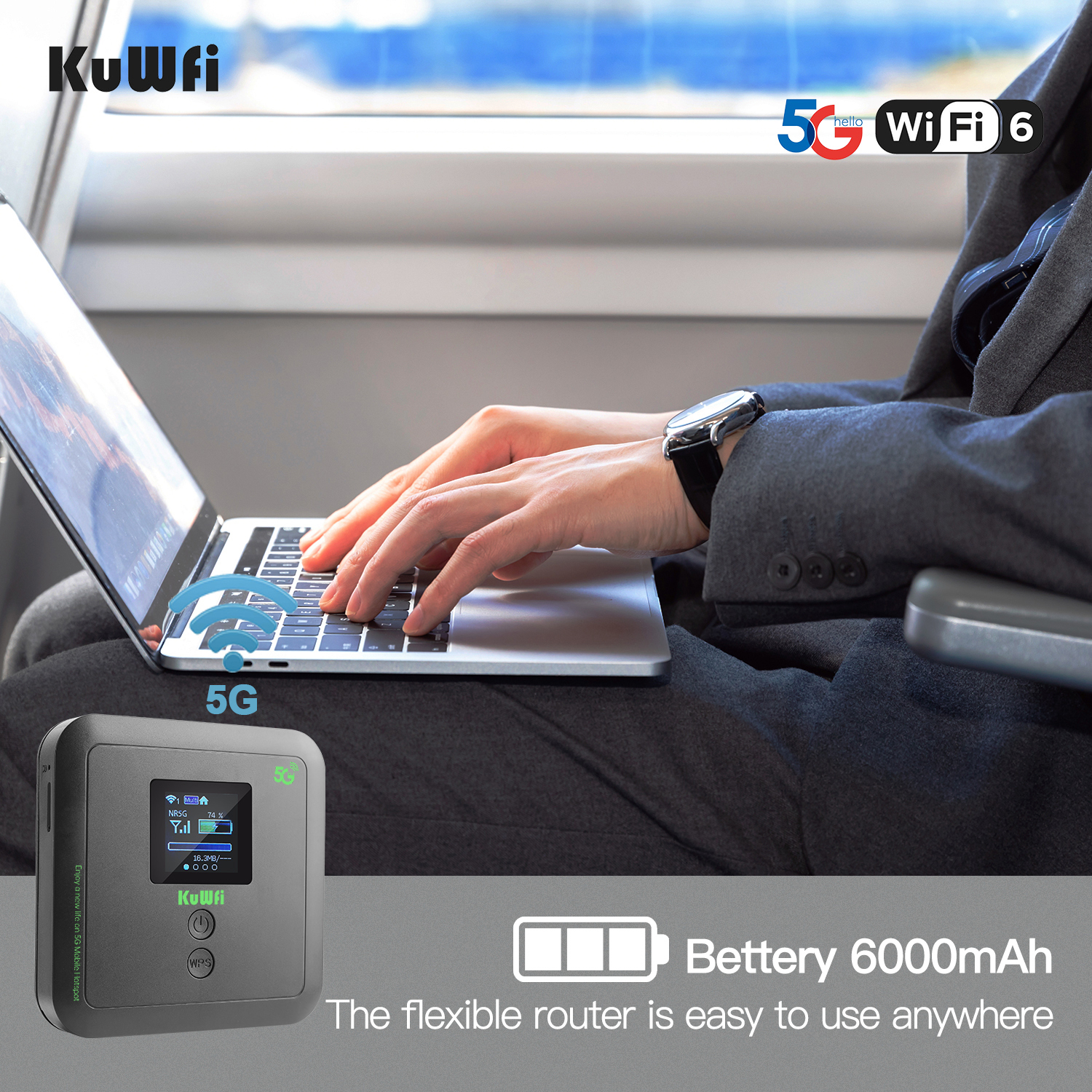 KuWFi 5G SIM Router Wi-Fi 6 AX1800 Protable 5G Mobile Router Wireless Dual Band Wifi Mini Travel Router with Gigabit LAN Port