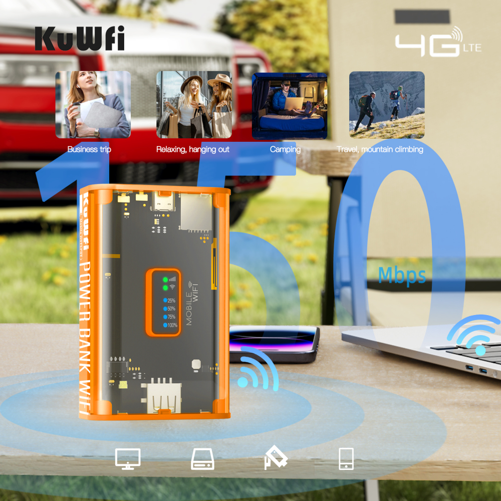 KuWFi 5200mAh 4G Mobile Router 150Mbps Proteble Travel LTE Router WiFi Hotspot with USB Output Type-C Charge SIM Card Slot
