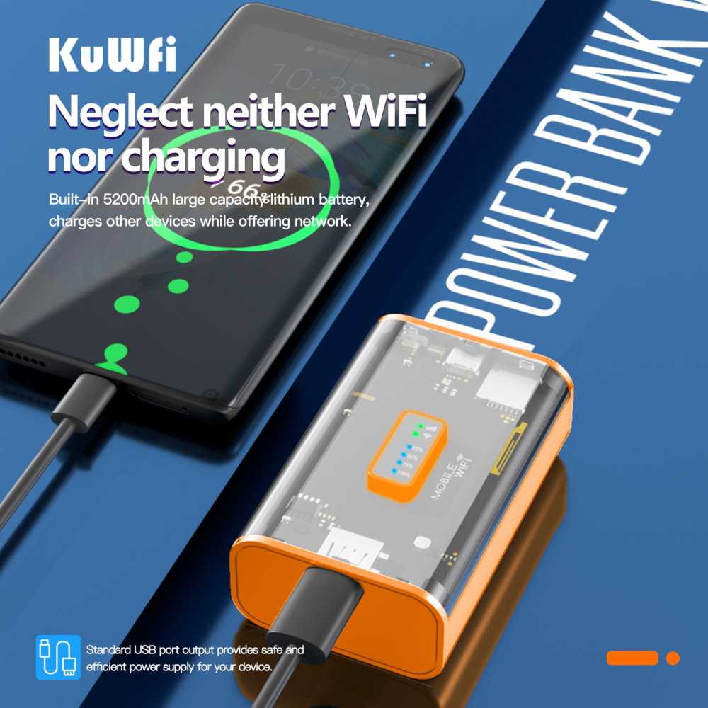 KuWFi 5200mAh 4G Mobile Router 150Mbps Proteble Travel LTE Router WiFi Hotspot with USB Output Type-C Charge SIM Card Slot