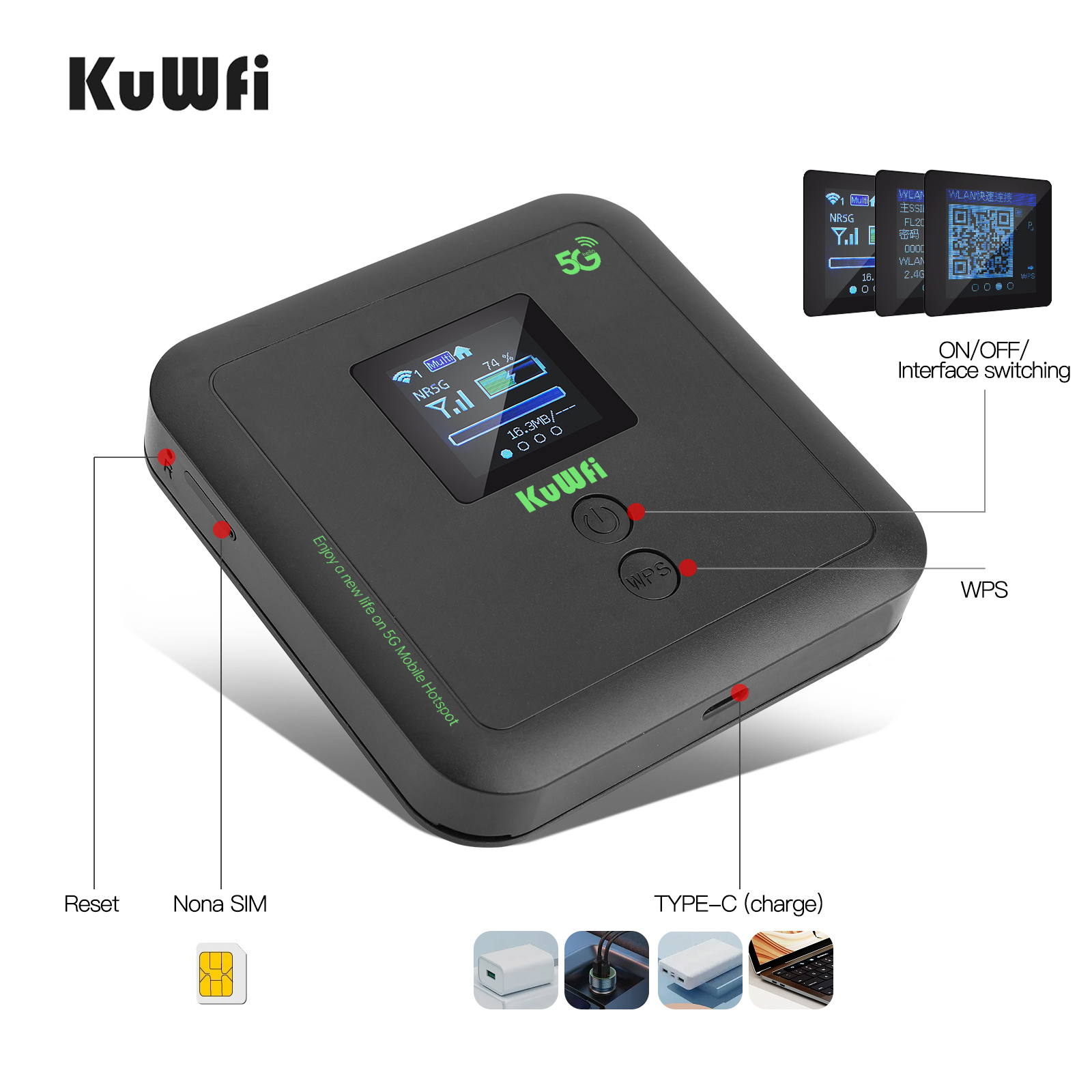 KuWFi 5G SIM Router Wi-Fi 6 AX3000 Protable 5G Mobile Router Wireless Dual Band Wifi Mini Travel Router support eSIM