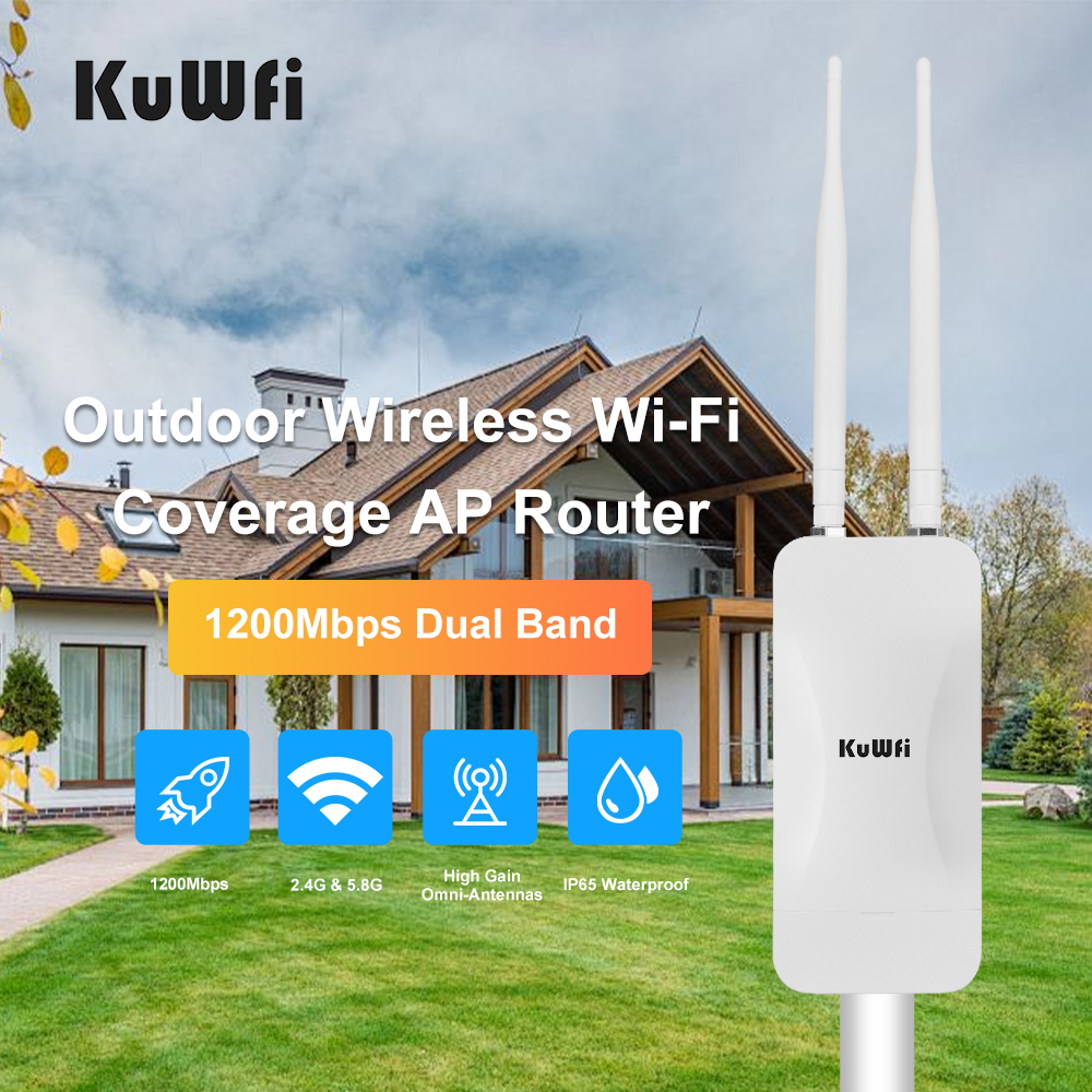 KuWFi High Power AC1200 Outdoor Wireless Wifi Repeater AP Router 1200Mbps Dual Dand 2.4G 5Ghz Long Range WiFi Coverage