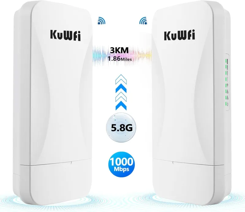 KuWFi Point to Point Gigabit Wireless Bridge 5.8G 900Mbps 1Gbs LAN Ports Long Range CPE Bridge Network Extend Outdoor 3KM/1.86Miles to of Shop, Barn,Farm and CCTV Connection