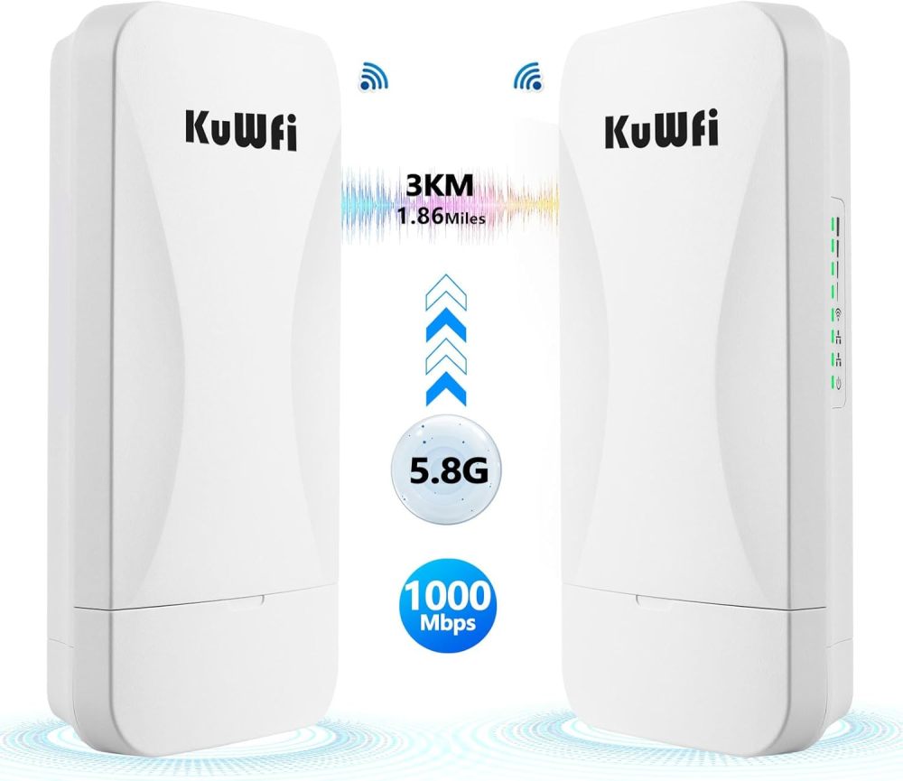 KuWFi Point to Point Gigabit Wireless Bridge 5.8G 900Mbps 1Gbs LAN Ports Long Range CPE Bridge Network Extend Outdoor 3KM/1.86Miles to of Shop, Barn,Farm and CCTV Connection