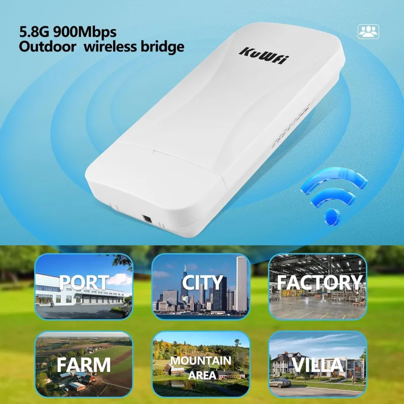 KuWFi Point to Point Gigabit Wireless Bridge 5.8G 900Mbps 1Gbs LAN Ports Long Range CPE Bridge Network Extend Outdoor 3KM/1.86Miles to of Shop, Barn,Farm and CCTV Connection