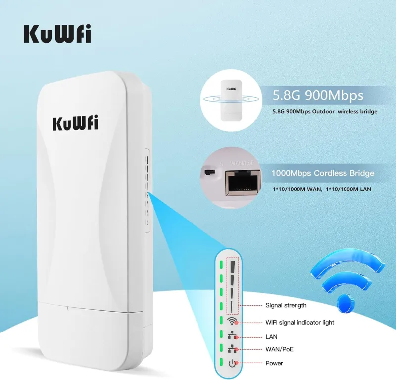 KuWFi Point to Point Gigabit Wireless Bridge 5.8G 900Mbps 1Gbs LAN Ports Long Range CPE Bridge Network Extend Outdoor 3KM/1.86Miles to of Shop, Barn,Farm and CCTV Connection