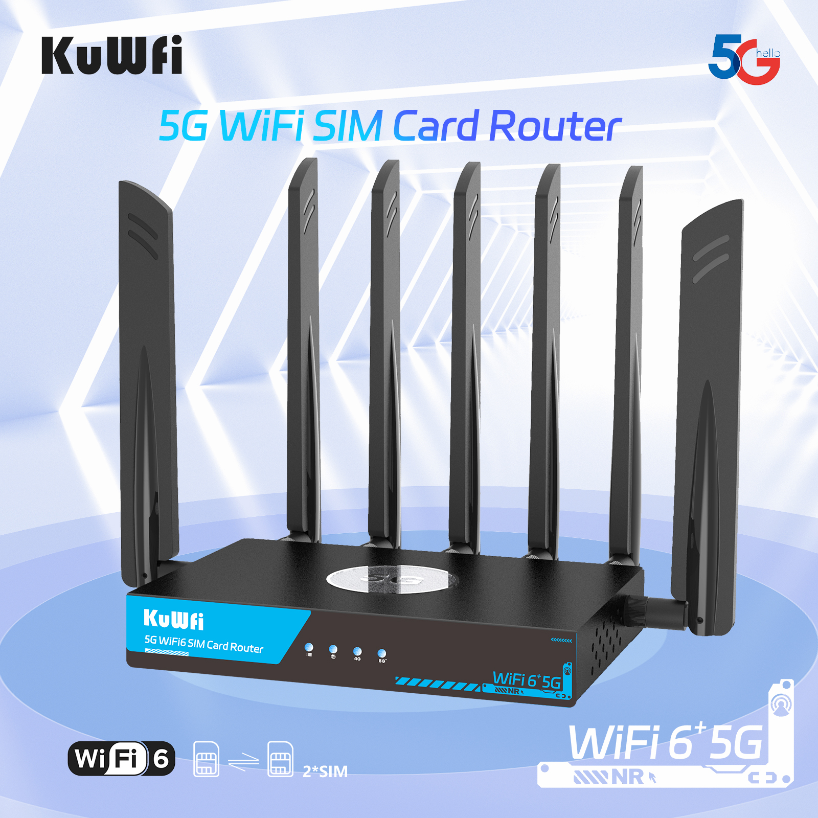 Dual Band 3000Mbps KuWFi 5G WiFi Wireless Router with 2*SIM Card Slot SDX62  MESH Functions Strong Cooling Fan Outdoor Use