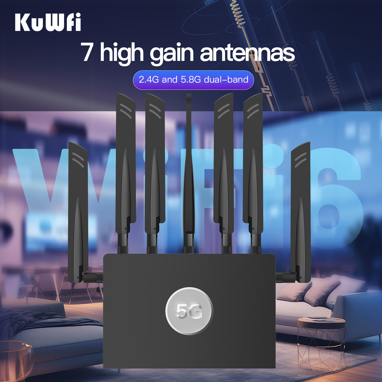 Dual Band 3000Mbps KuWFi 5G WiFi Wireless Router with 2*SIM Card Slot SDX62  MESH Functions Strong Cooling Fan Outdoor Use