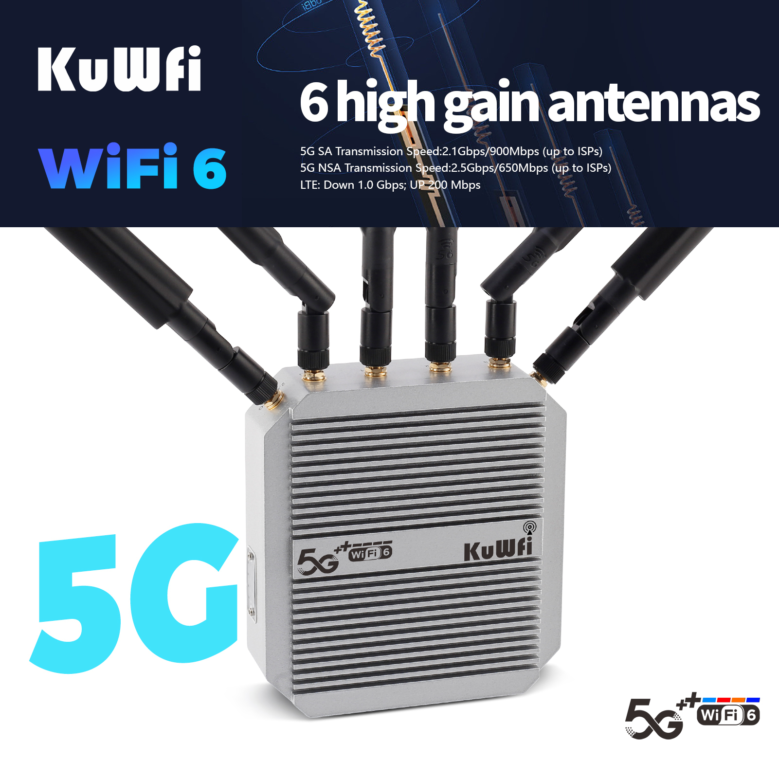 KuWFi 3000Mbps high speed port wireless 5g cpe wifi6 router NSA/SA metal case outdoor 5G wifi router with 2 sim card slot