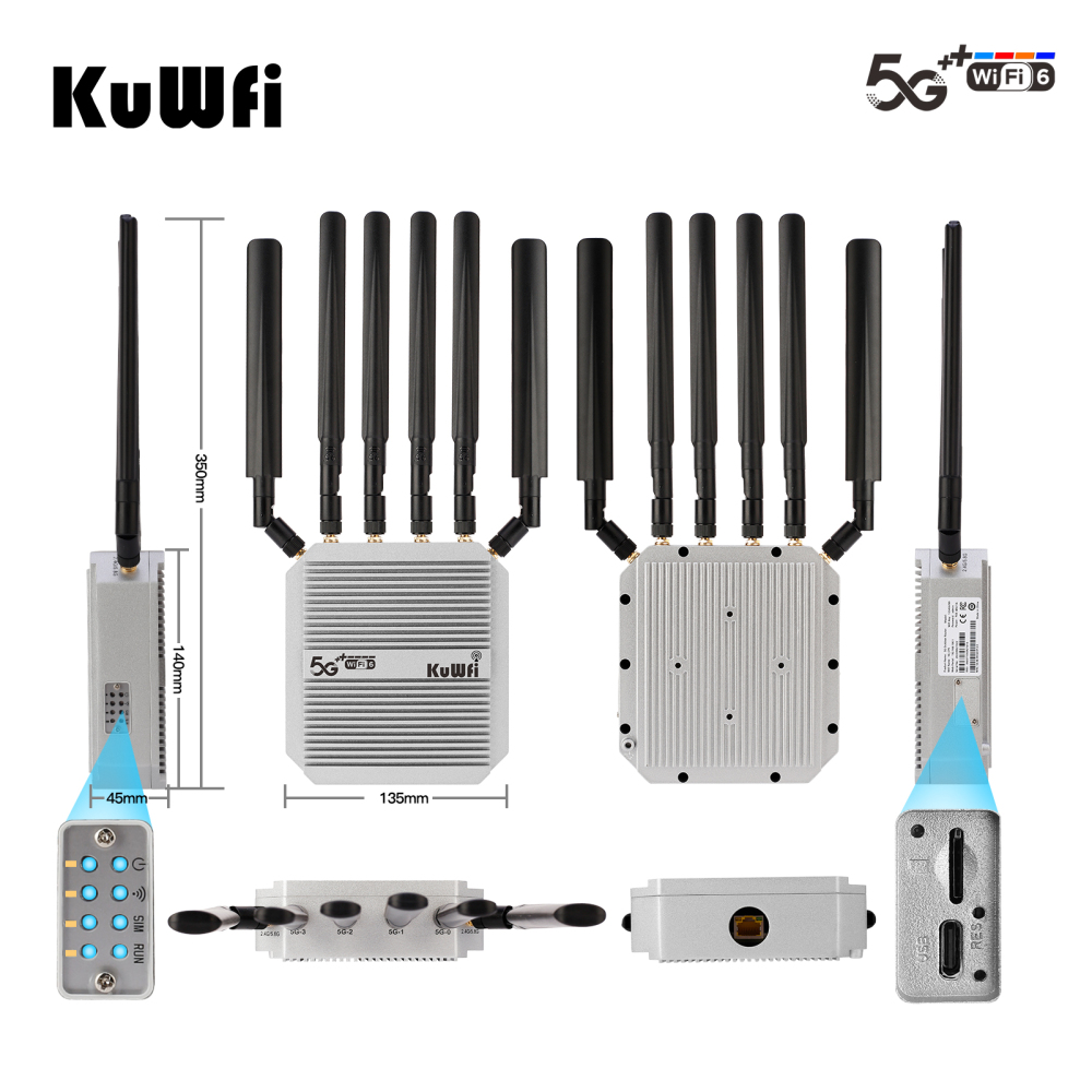 KuWFi 3000Mbps high speed port wireless 5g cpe wifi6 router NSA/SA metal case outdoor 5G wifi router with 2 sim card slot