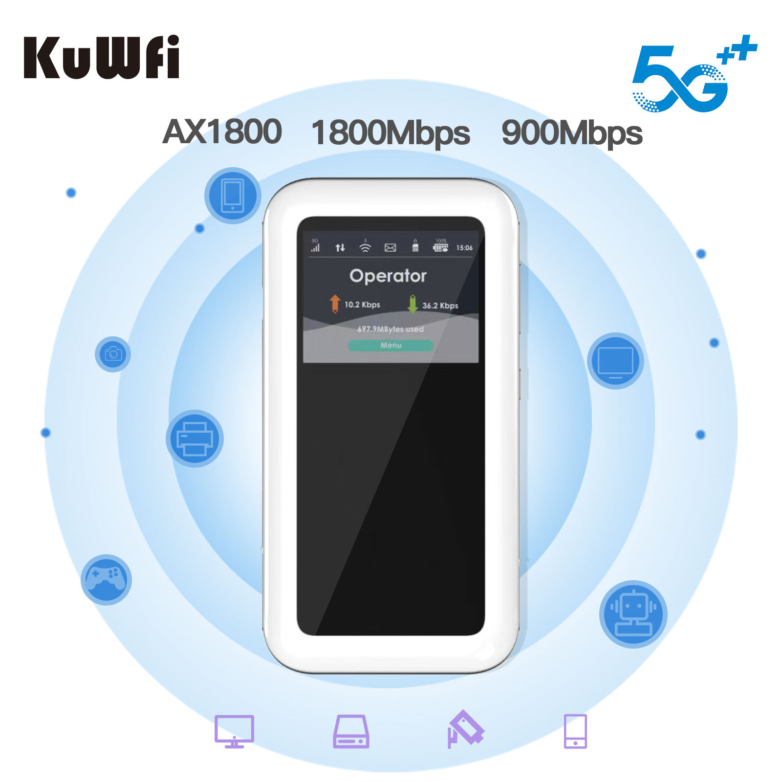 eSim KuWFi Portable wifi 5g wifi6 high speed NSA SA mode 4500mAh battery mobile 5g pocket wifi router