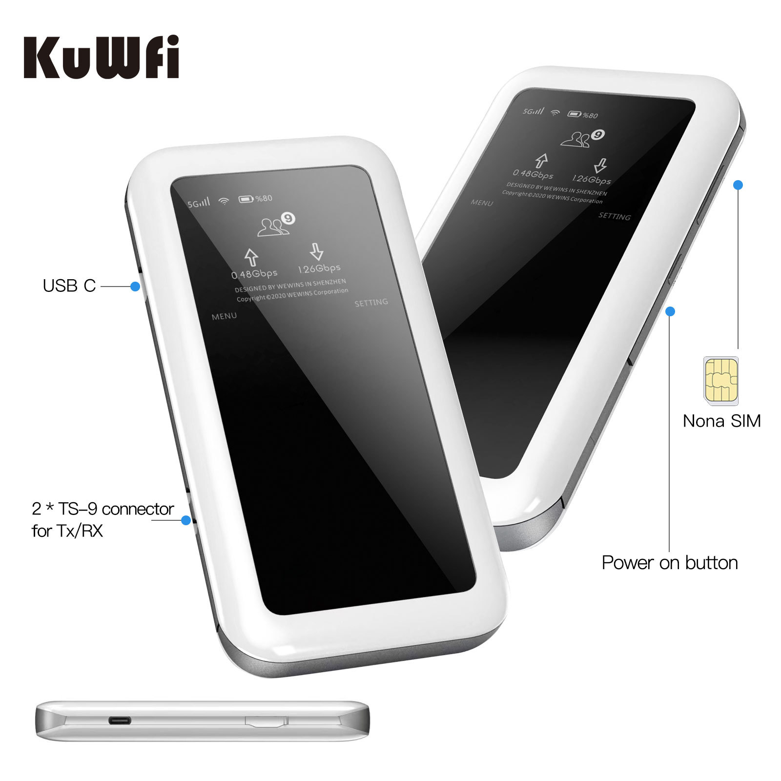 eSim KuWFi Portable wifi 5g wifi6 high speed NSA SA mode 4500mAh battery mobile 5g pocket wifi router