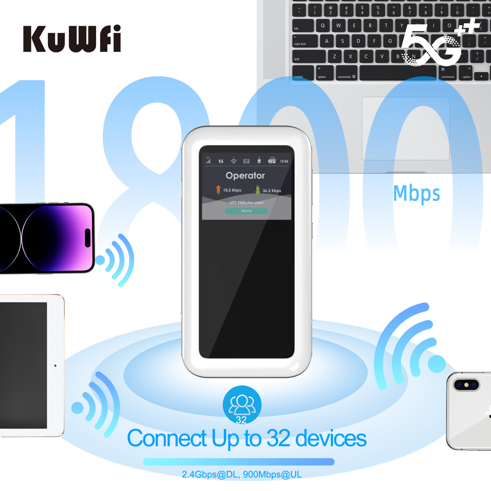 eSim KuWFi Portable wifi 5g wifi6 high speed NSA SA mode 4500mAh battery mobile 5g pocket wifi router